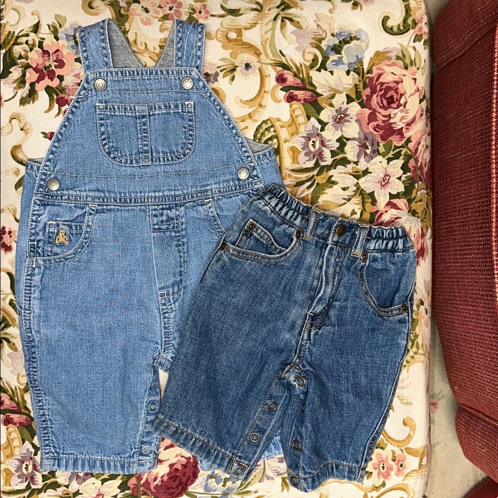 HTF BABY GAP KNIT LINED SOFT DENIM OVERALLS ADJ STRAPS & TCP JEANS 0-3 MONTHS